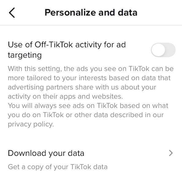 TikTok Personalize and data screenshot