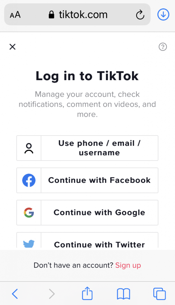 Log in to TikTok screenshot