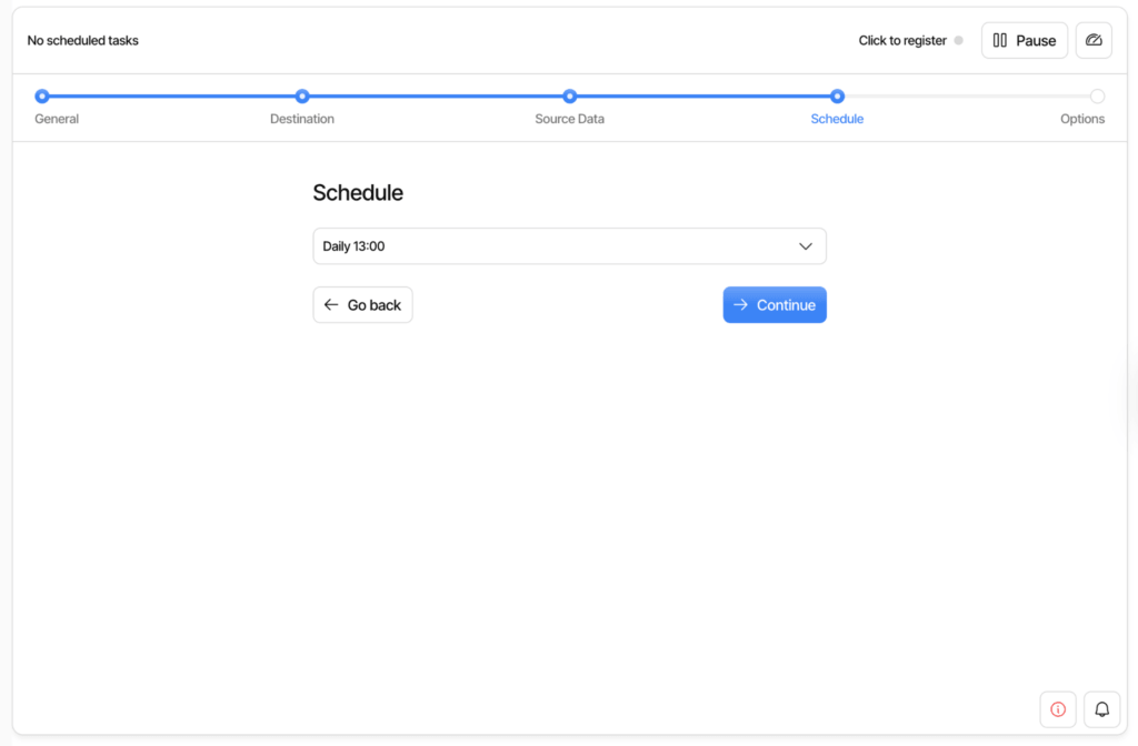 A screenshot shows the schedule page, allowing the user to automatically run backups when they choose.
