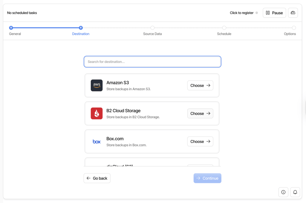 A screenshot shows Duplicati’s backup destination page, which has “B2 Cloud Storage” highlighted via the destination list.
