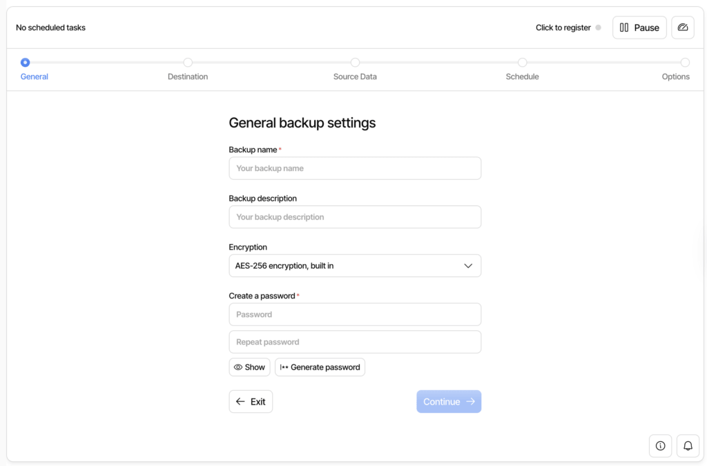 A screenshot shows Duplicati’s general backup setting, with “AES-256, built-in” highlighted via a drop-down menu.