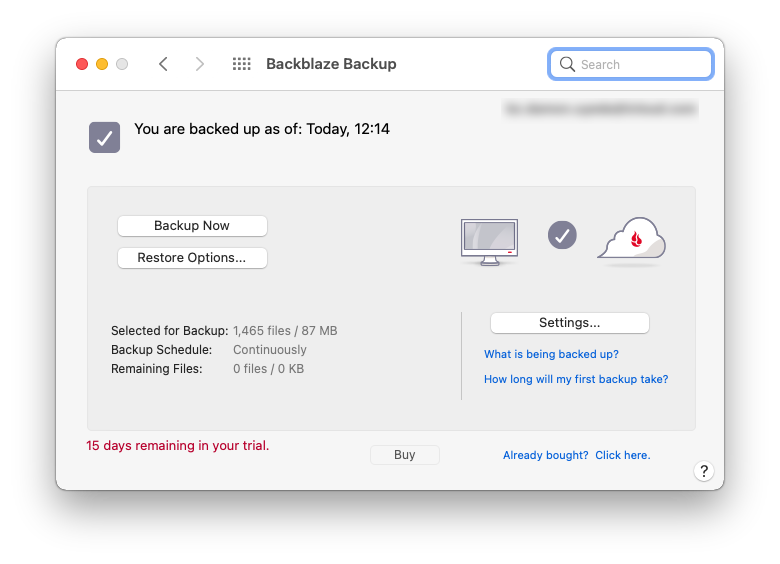 Backblaze Backup status screenshot
