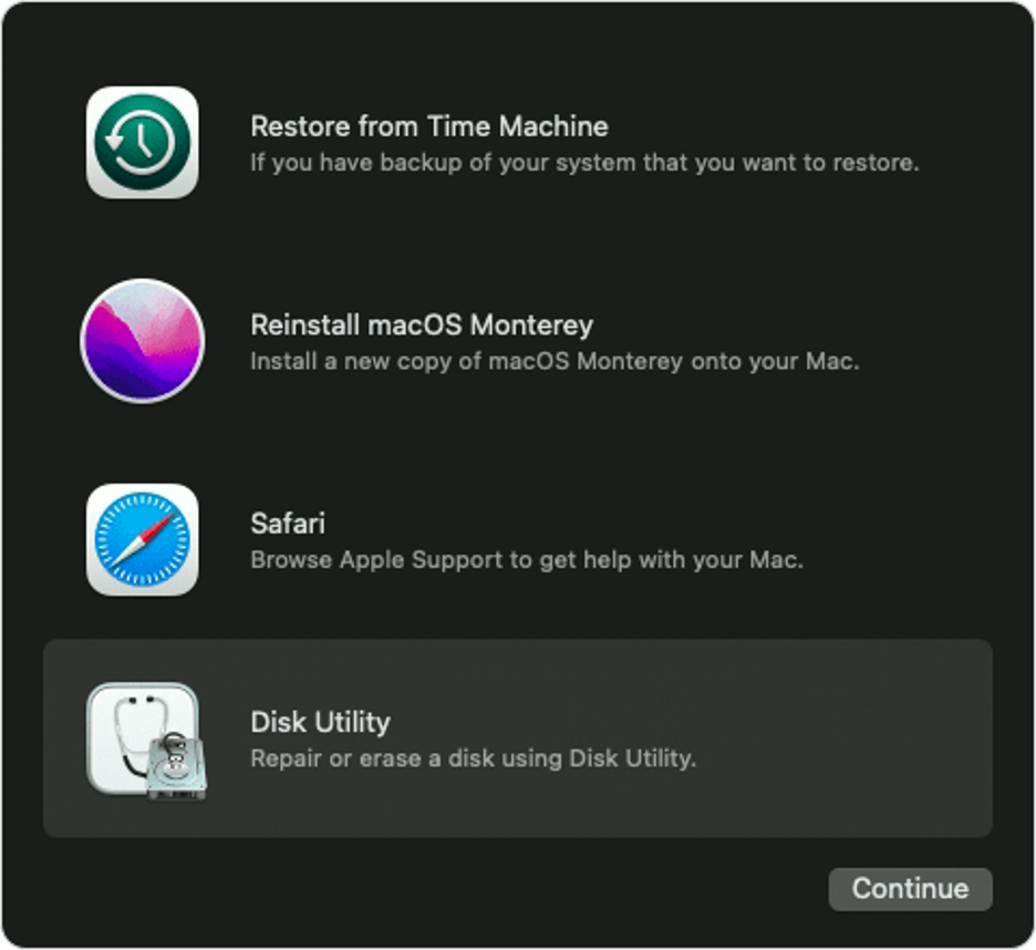 A screenshot of the Utilities > Disk Utility on a Mac computer. 