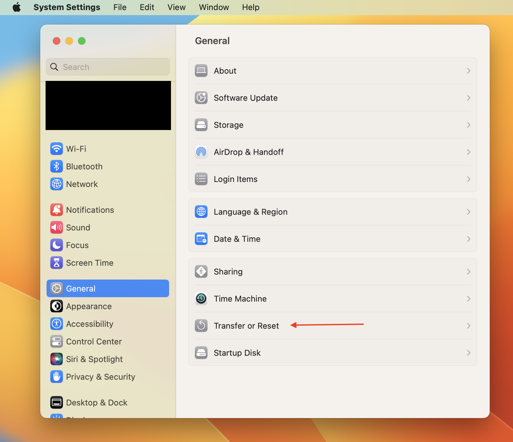 A screenshot of the Mac System Settings > General screen in a computer running Mac operating system Ventura. 