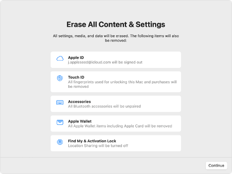 A screenshot of the Erase All Content and Settings assistant. 