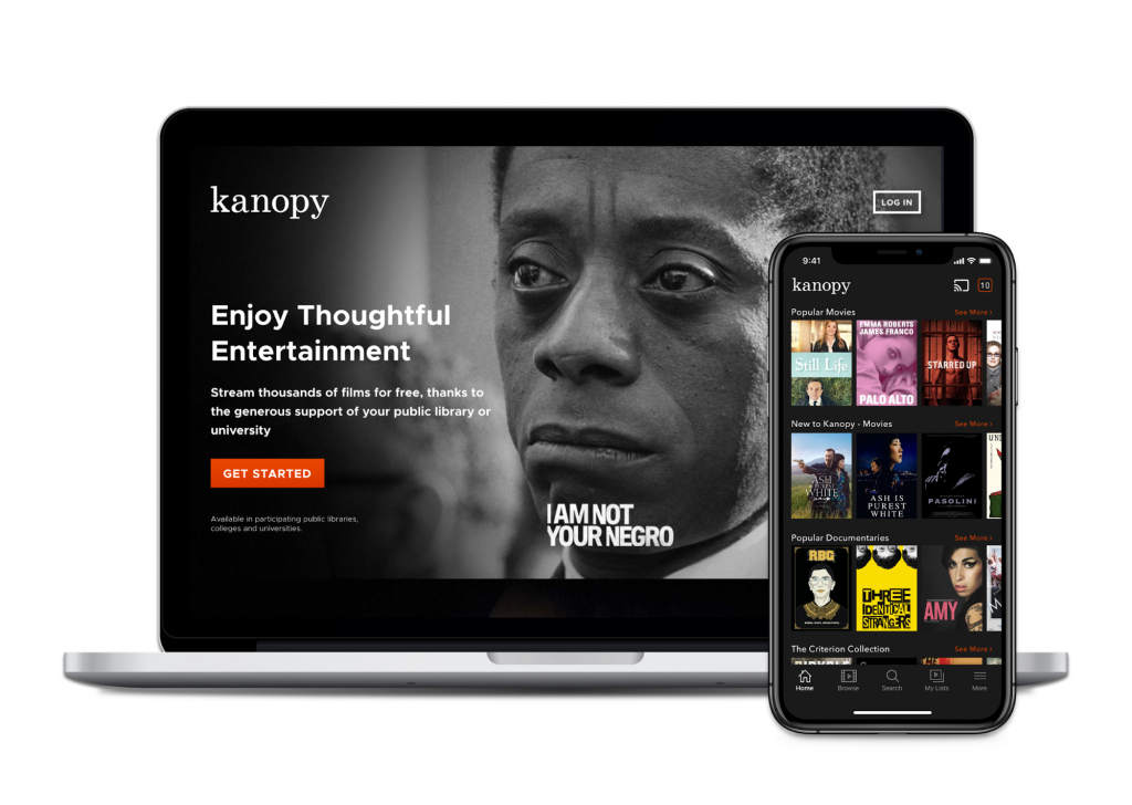 Kanopy laptop and app screenshots