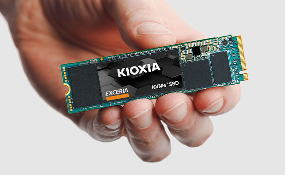 A photo of a Kioxia SSD. 