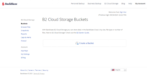 An screenshot of the B2 Cloud Storage Buckets page. 