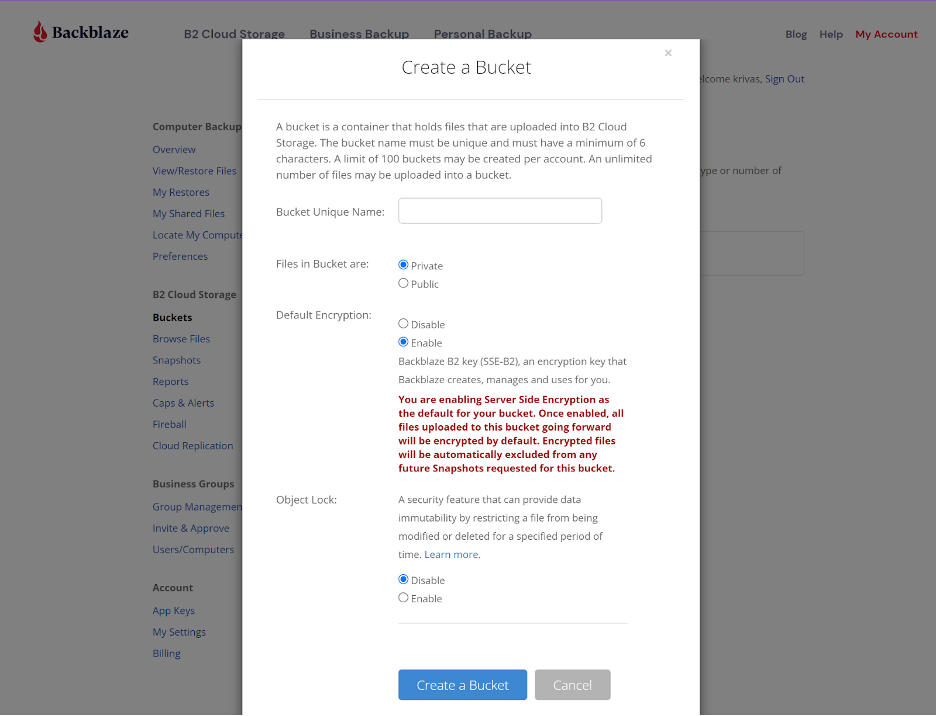 An image showing the Create a Bucket page with security features to be enabled. 