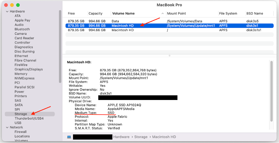 A screenshot of the storage tab under the Mac System Report screen.