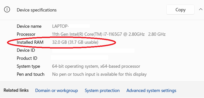 A screenshot from a Windows computer showing installed RAM. 