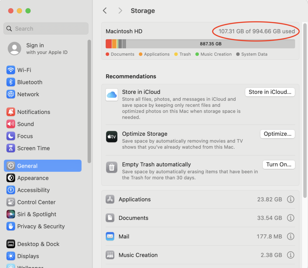 A screenshot from a Mac showing total storage and usage. 