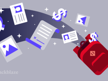 A decorative image of several icons that represent photos, documents, identification cards, and money flowing into a backpack.