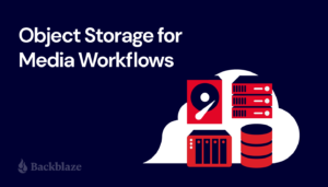 A decorative image showing icons representing drives and storage options superimposed on a cloud. A title reads: Object Storage for Media Workflows