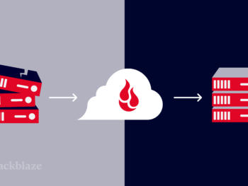 A decorative image with a broken server stack icon on one side, the cloud in the middle, then a fixed server icon on the right.