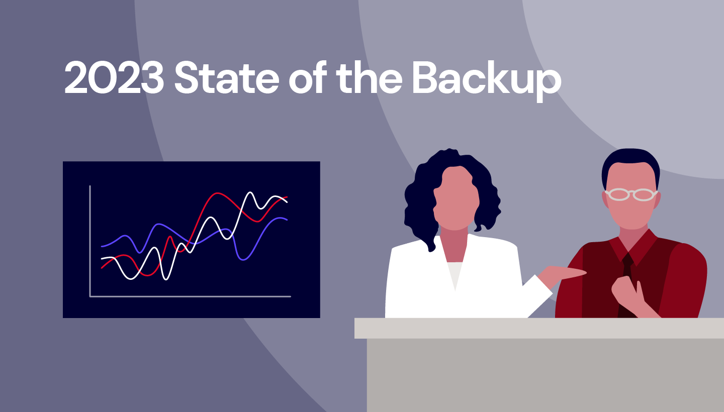 A decorative image featuring two figures behind a desk, a graph showing an upward trend line, and with the title "2023 State of the Backup".