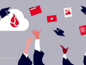 illustration of students throwing caps in the air with pictures, videos, and files in the cloud