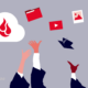 illustration of students throwing caps in the air with pictures, videos, and files in the cloud