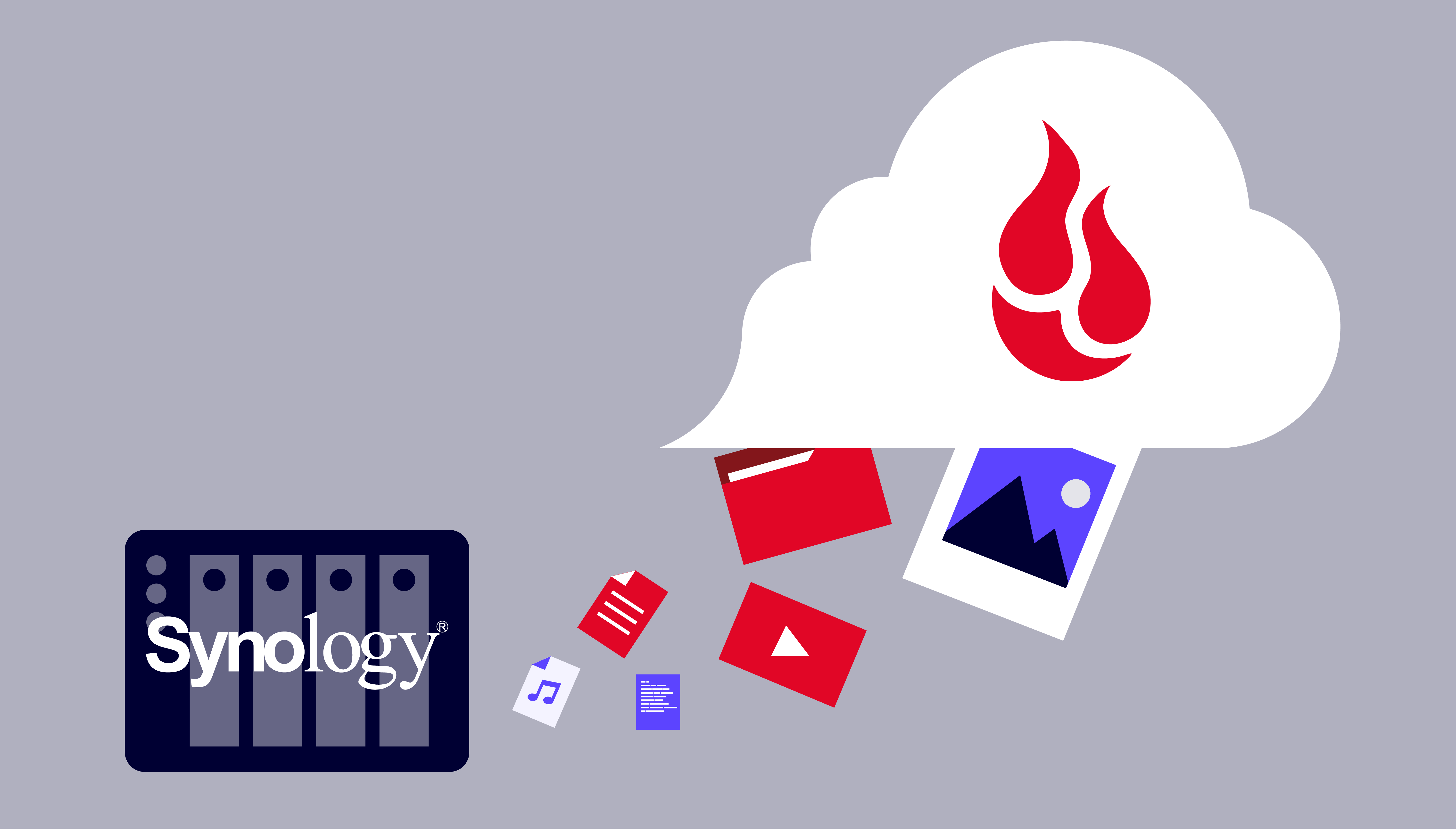 A decorative image showing a Synology NAS with various icons representing file types going up into a cloud with a Backblaze logo. 