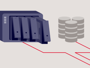 A decorative image showing a NAS device connected to disk drives.