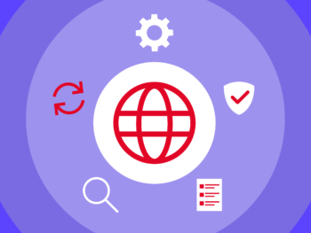 A decorative image showing a globe icon surrounded by a search icon, a backup icon, a cog, a shield with a checkmark, and a checklist.
