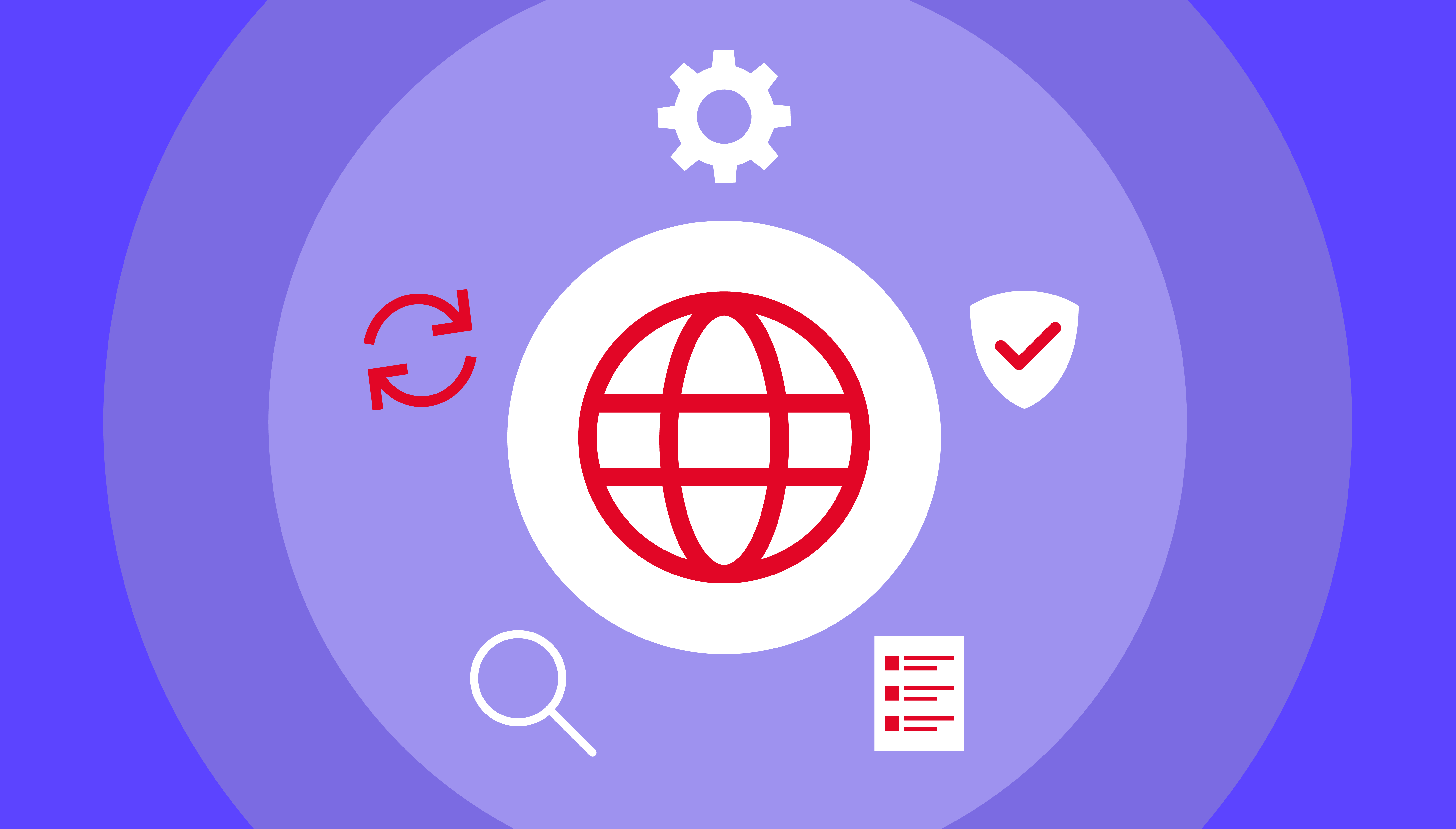 A decorative image showing a globe icon surrounded by a search icon, a backup icon, a cog, a shield with a checkmark, and a checklist.