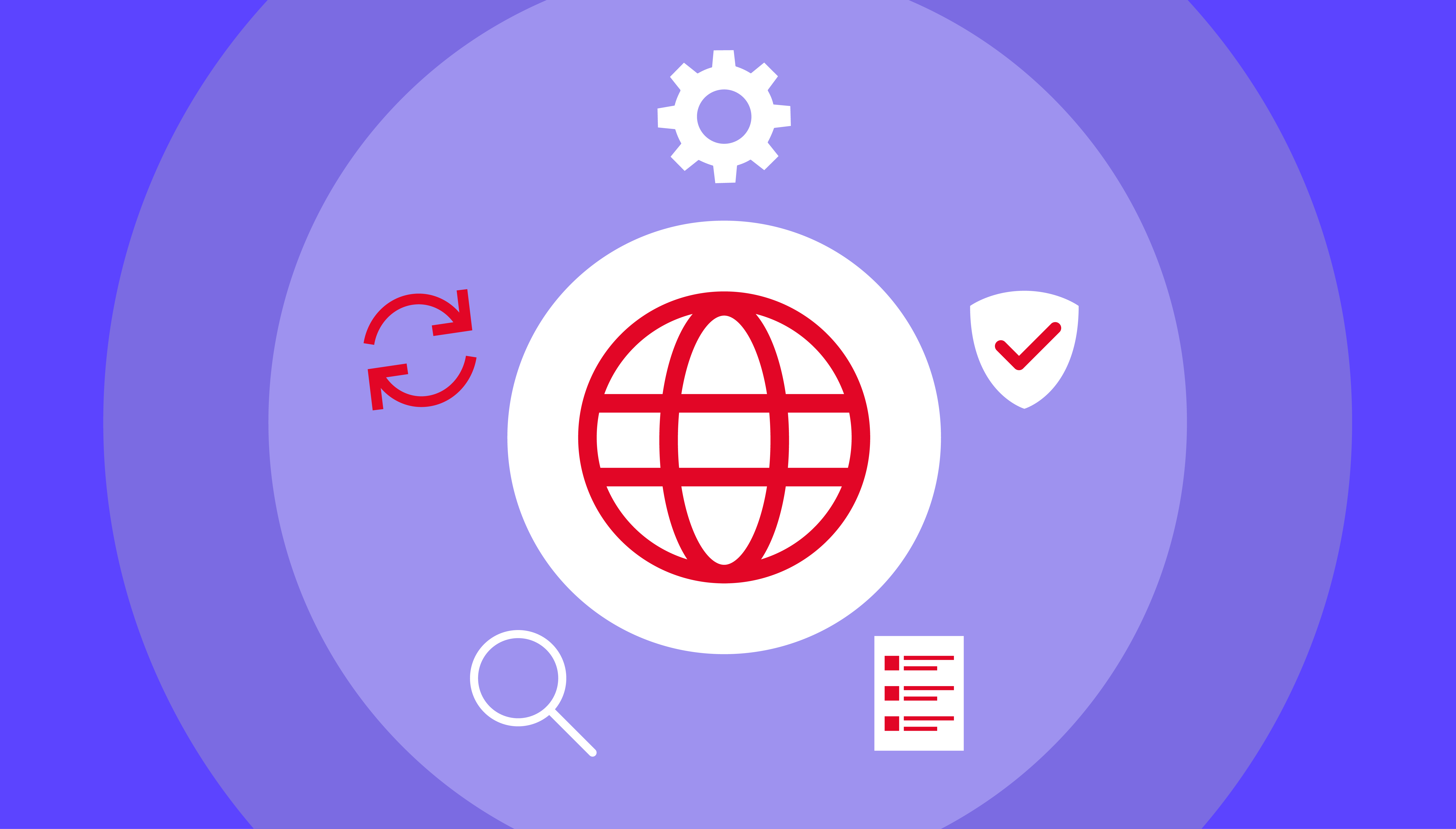 A decorative image showing a globe icon surrounded by a search icon, a backup icon, a cog, a shield with a checkmark, and a checklist. 