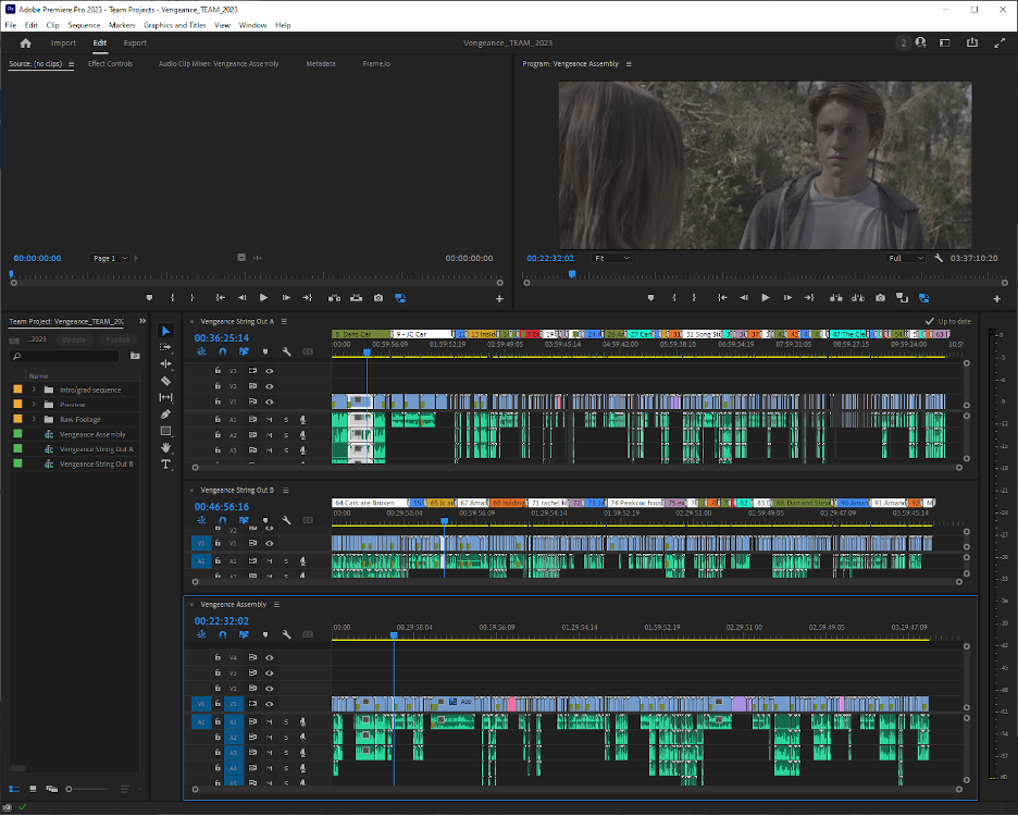 A screenshot of an indie film, Vengeance, being edited in Adobe Premiere Pro. 