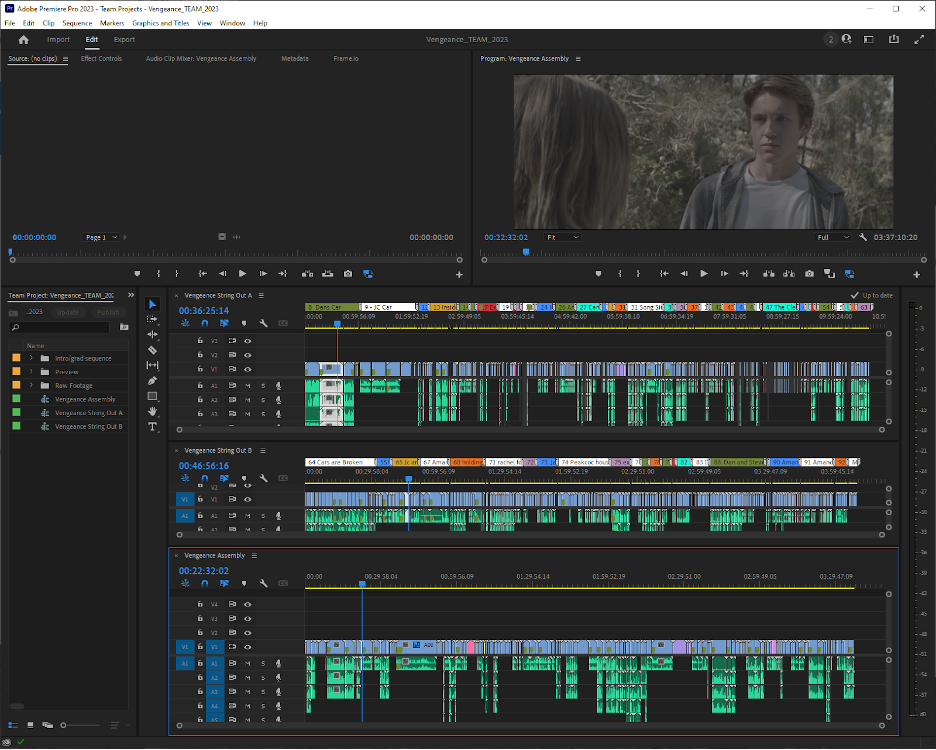 A screenshot of an indie film, Vengeance, being edited in Adobe Premiere Pro.