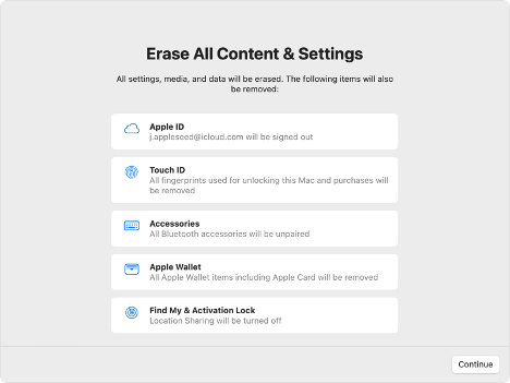 A screenshot showing all data types that will be deleted by the erase all content and settings process on a Mac.