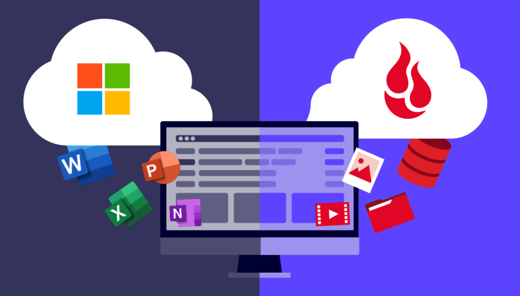 A decorative image showing a computer backing up programs to a cloud with a Microsoft logo on one side, and on the other side, data to a cloud with the Backblaze logo. 