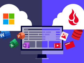 A decorative image showing a computer backing up programs to a cloud with a Microsoft logo on one side, and on the other side, data to a cloud with the Backblaze logo.