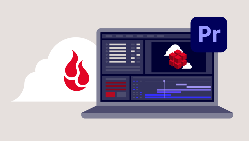 A decorative image showing a mockup of Premiere Pro's user interface and the Backblaze storage cloud. 