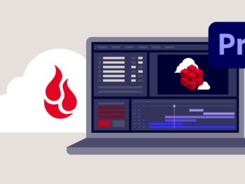 A decorative image showing a mockup of Premiere Pro's user interface and the Backblaze storage cloud.