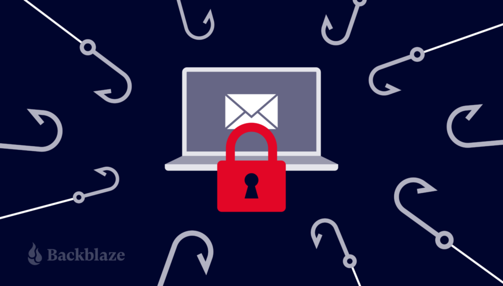 An image of a computer with a lock in front of it. Several phishing hooks are attacking from all angles.