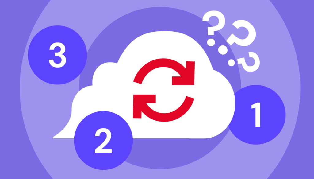 A decorative image showing a cloud with a backup symbol, then three circles with 3, 2, and 1. There are question marks behind the cloud.