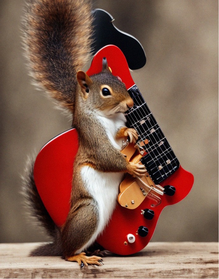 An AI generative image of a squirrel holding a guitar. Both the squirrel and the guitar and warped in strange, but not immediately noticeable ways.