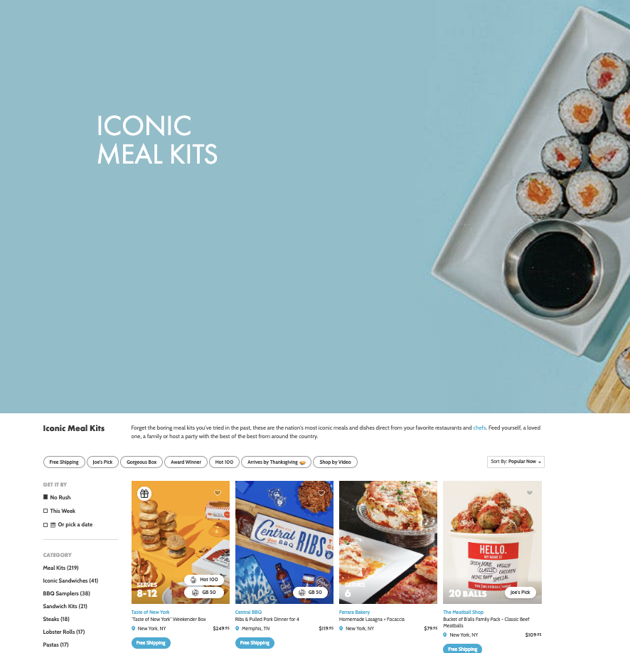 An image of the Goldbelly website showing iconic meal kits.