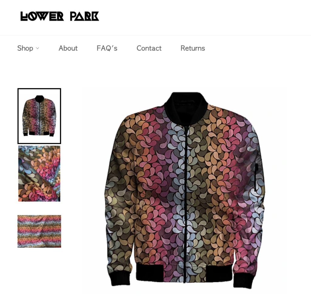 A screenshot of the Lower Park website showing a lovely bomber jacket.