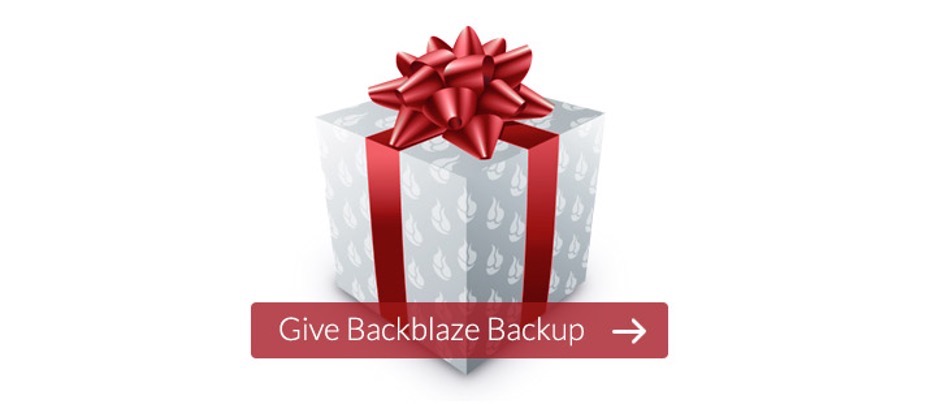 A decorative image showing a gift box with the words "Give Backblaze Backup" overlayed. 