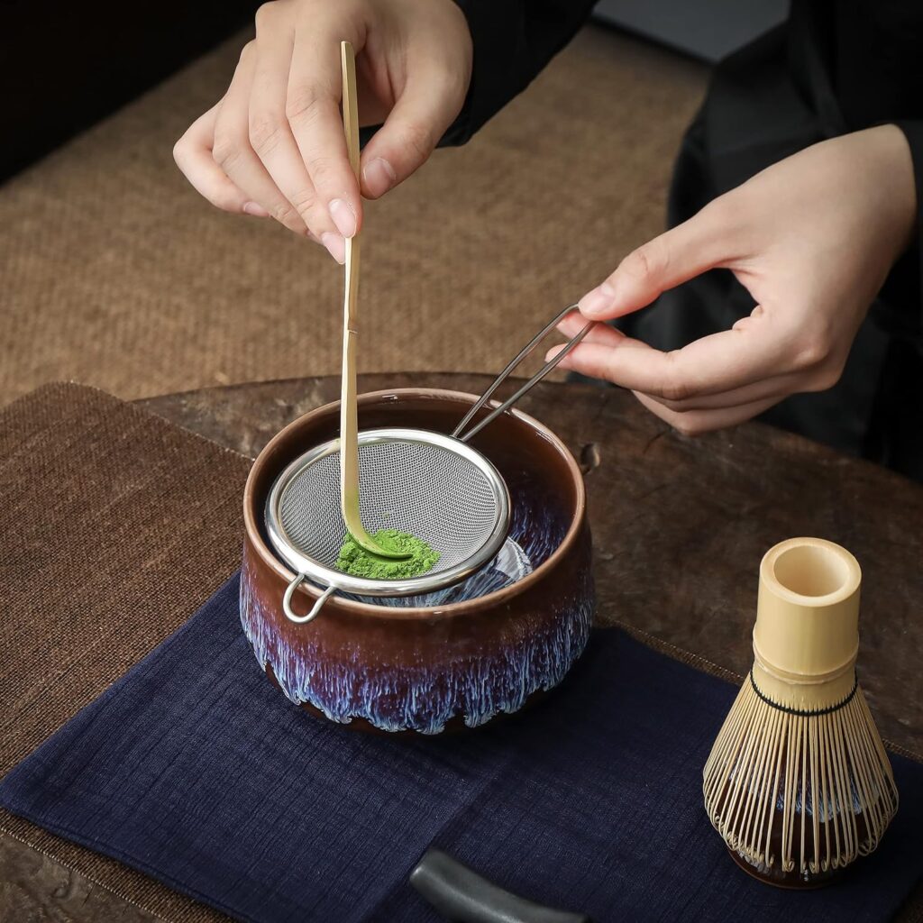 A decorative images showing someone making matcha tea. 