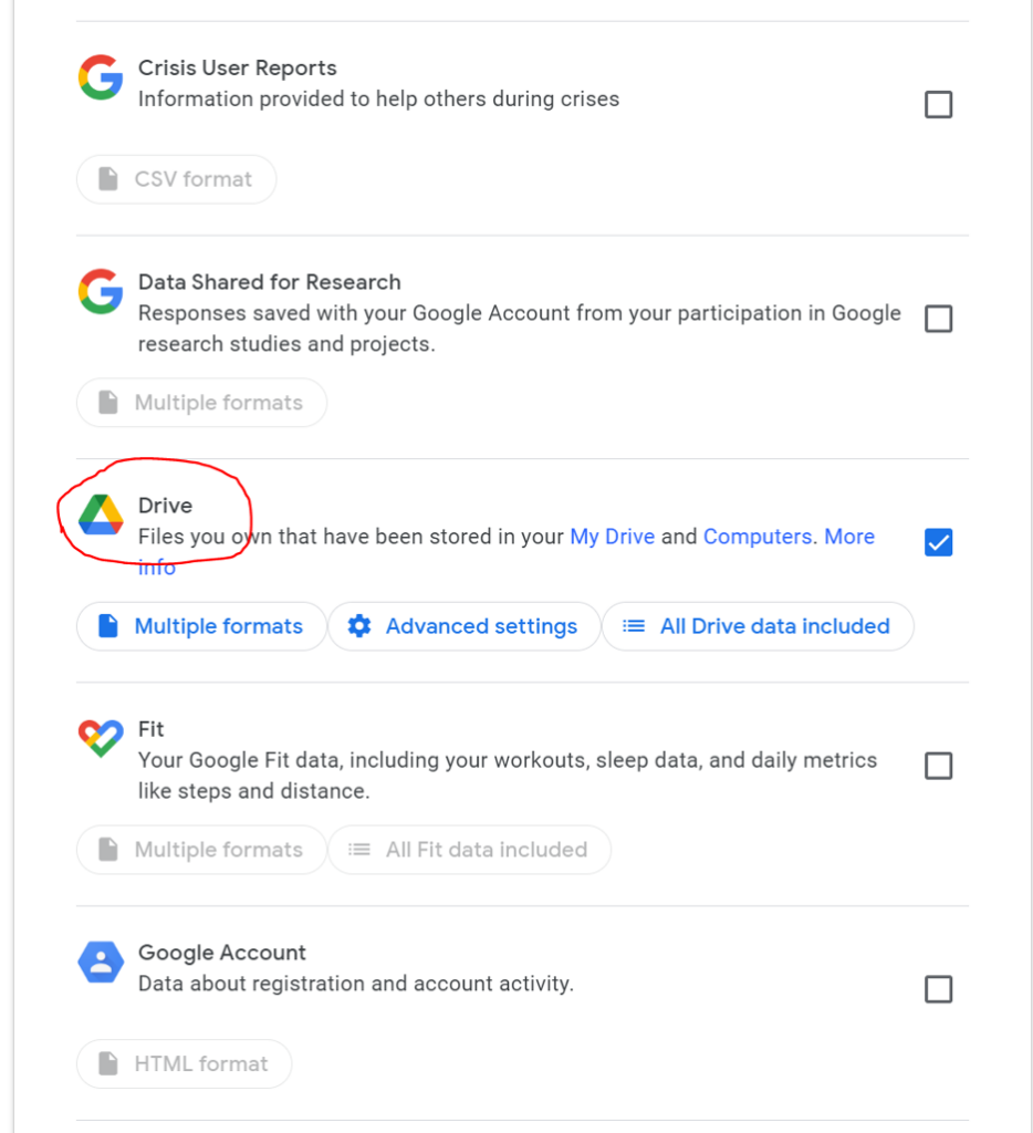A screenshot of Google Drive settings showing how to select which Google suite data you want to download.