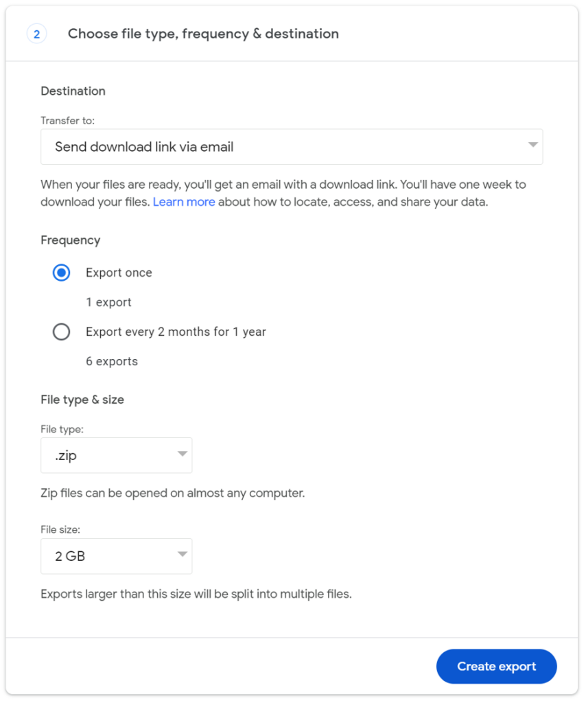 A screenshot of Google Drive settings showing where to set the frequency and file types of data downloads.
