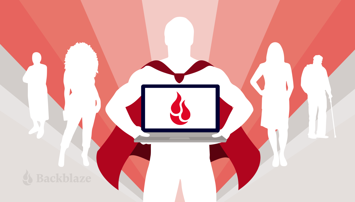 A decorative image showing a superhero holding a computer with the Backblaze logo showing.