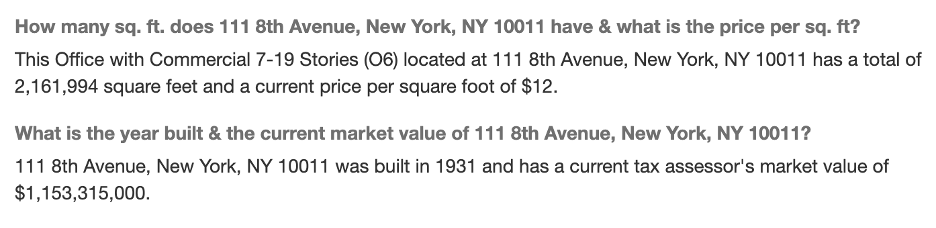 A screen capture of information from PropertyShark listing the value and square footage of 111 8th Ave., New York, NY. 