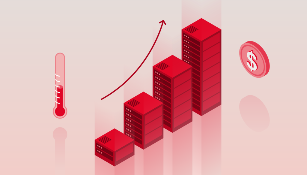 A decorative image showing a thermometer, a cost symbol, and servers in a stair step pattern with an upwards trendline. 