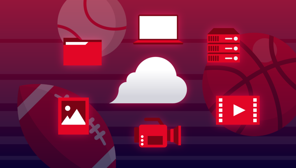 A decorative image showing icons representing file types surrounding a cloud. The background has sports imagery incorporated. 