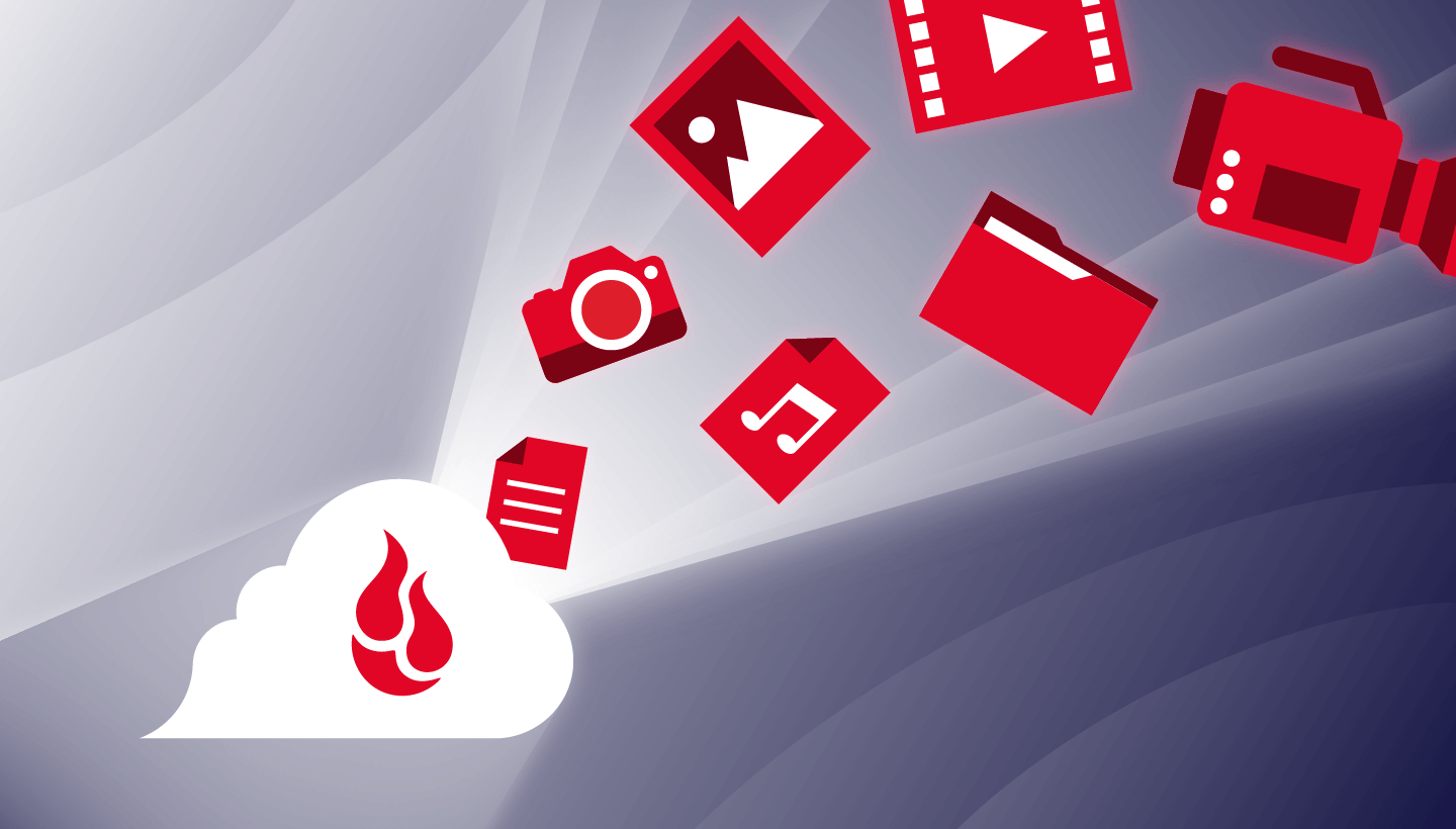 A decorative image showing several types of files falling into the a cloud with the Backblaze logo on it.