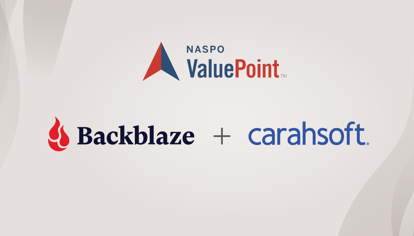 A decorative image showing three logos: Backblaze, carahsoft, and NASPO ValuePoint.