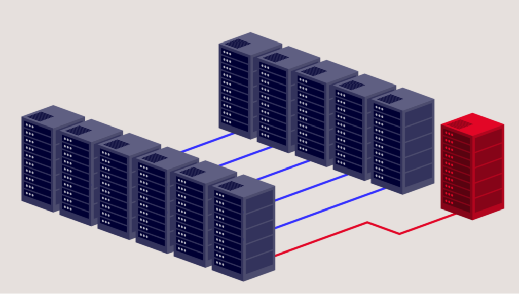 An illustration of server racks and networking cables.